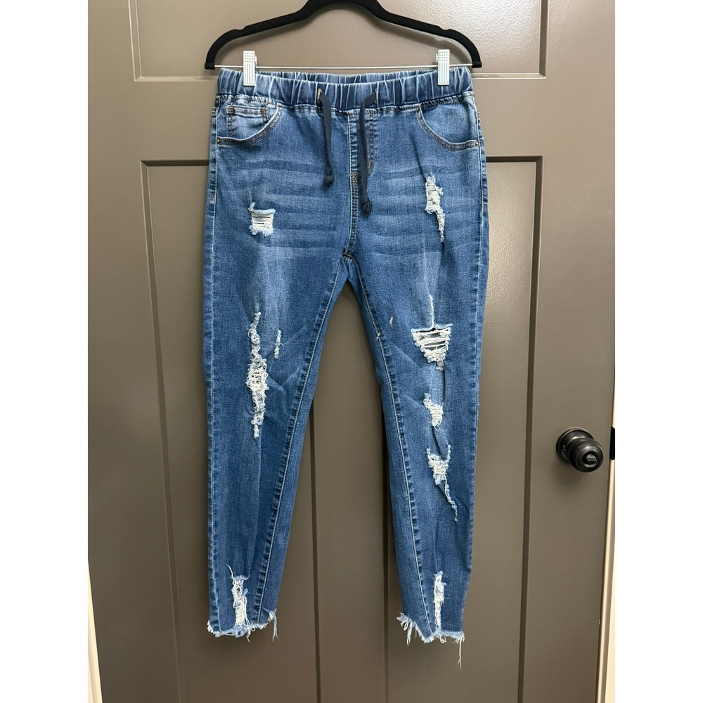 Moon Ryder Womens Distressed Denim Joggers Blue Ripped Drawstring Jeans Large